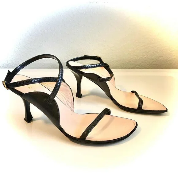 CELINE Italian Leather Black Embossed Heeled Sandals 7.5 MSRP $1200 - Picture 2 of 10
